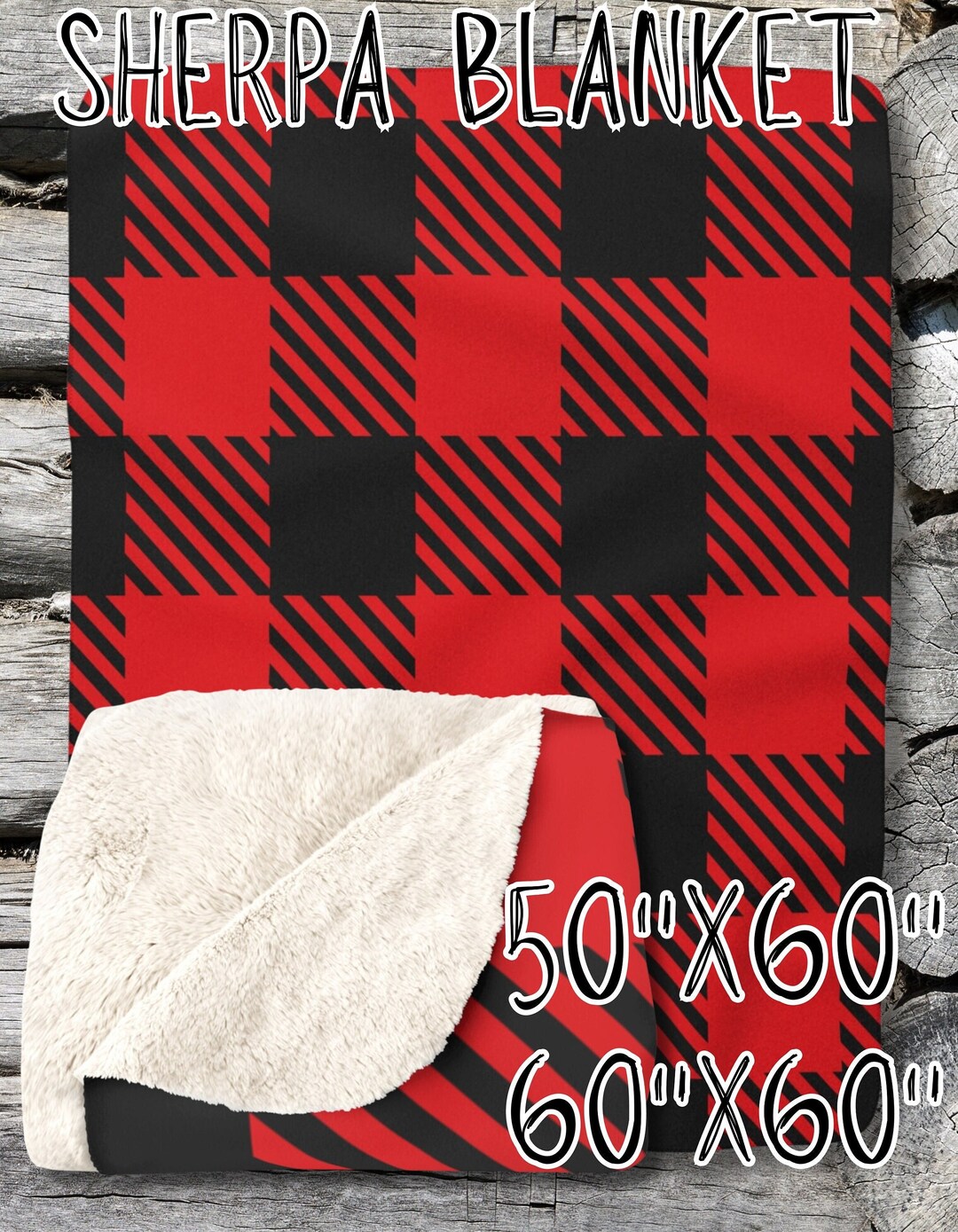 Buffalo Plaid Sherpa Fleece Blanket for RV With Camping Pattern