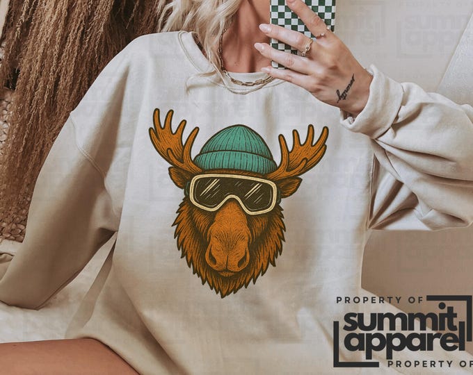 Moose Snowboarding Sweatshirt, Funny Ski Animal Shirt