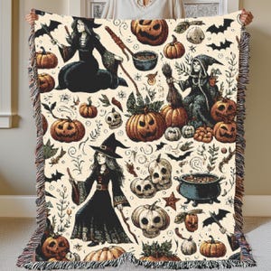 Manta tejida vintage de calabaza para Halloween, tapiz de pared de calabaza, decoración de brujas y cottagecore, manta de regalo de Halloween