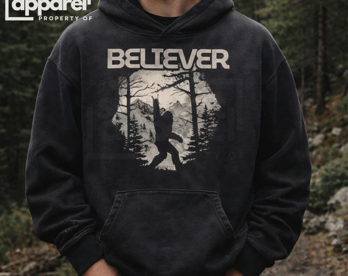 Believer Bigfoot Hoodie, Ombré Forest Sweatshirt, Sasquatch Graphic Hoodie, Camping Hiking Hoodie, Cozy Nature Gift