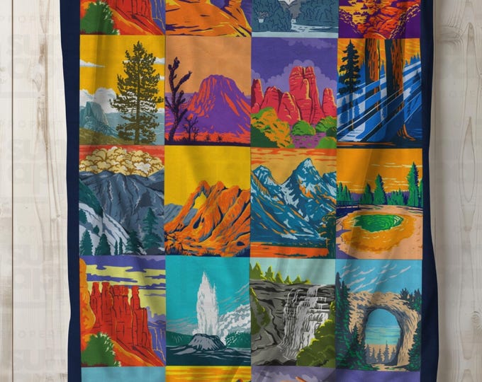 National Park Landscape Squares Velveteen Plush Blanket | 60x80"
