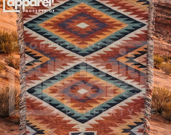 Woven Aztec Blanket: Large Cotton Throw with Colorful Fringe