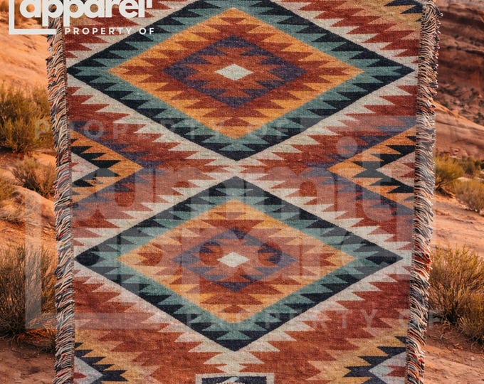 Woven Aztec Blanket: Large Cotton Throw with Colorful Fringe
