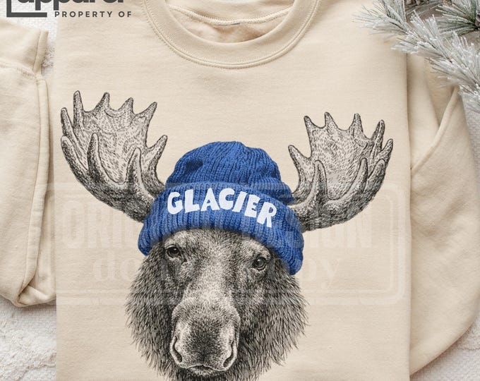 Glacier National Park Moose Sweatshirt, Retro Wildlife, Winter Nature