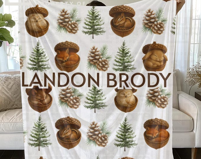 Personalized Woodland Baby Blanket, Animals, Pine Trees