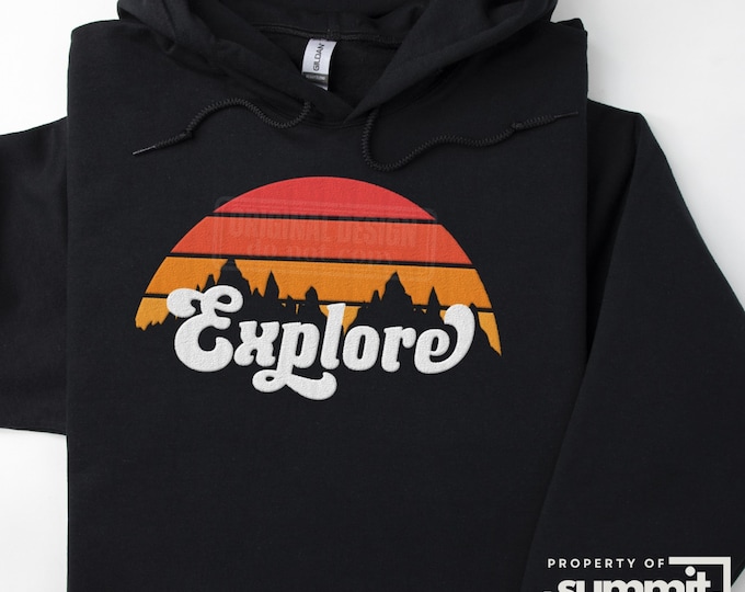 Embroidered 'Explore' Hoodie | Retro Sunset Graphic Sweatshirt