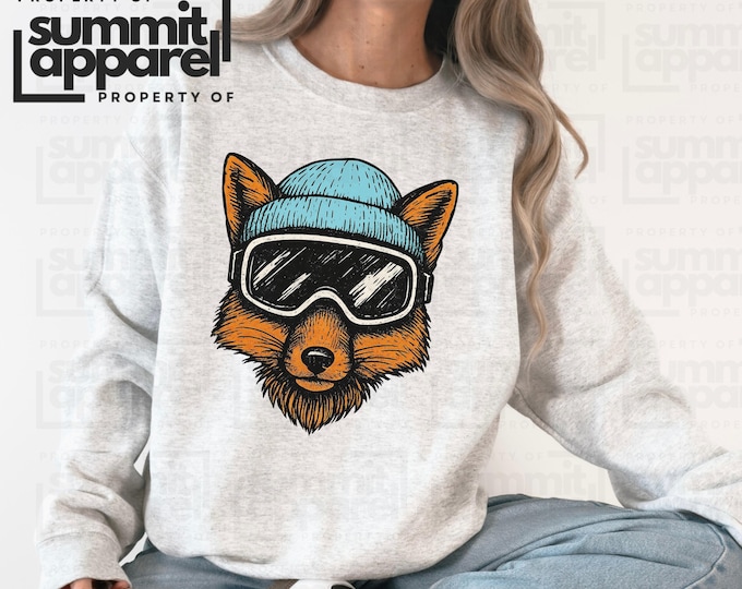 Fox Snowboarding Sweatshirt, Ski Goggles, Winter Animal Shirt