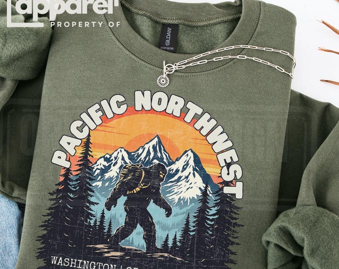 Retro Bigfoot Sweatshirt, Pacific Northwest PNW Mountains Graphic
