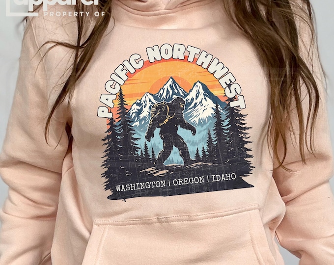 Bigfoot PNW Hoodie, Washington Oregon Idaho, Retro Outdoor Nature