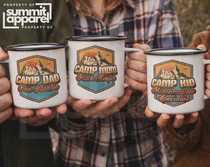 Family Camping Enamel Mug Set of 3, Matching Campfire Mugs, Personalized Cabin Mug Bundle, Outdoor Family Gift