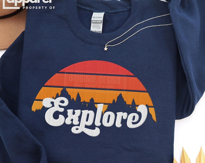 Embroidered Explore Sweatshirt, Retro Sunset Nature Graphic