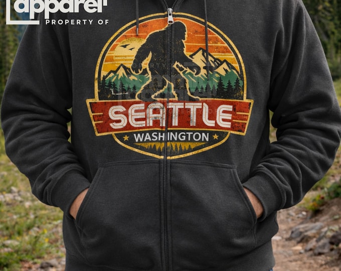 Retro Seattle Bigfoot Zip Hoodie, Washington State Apparel