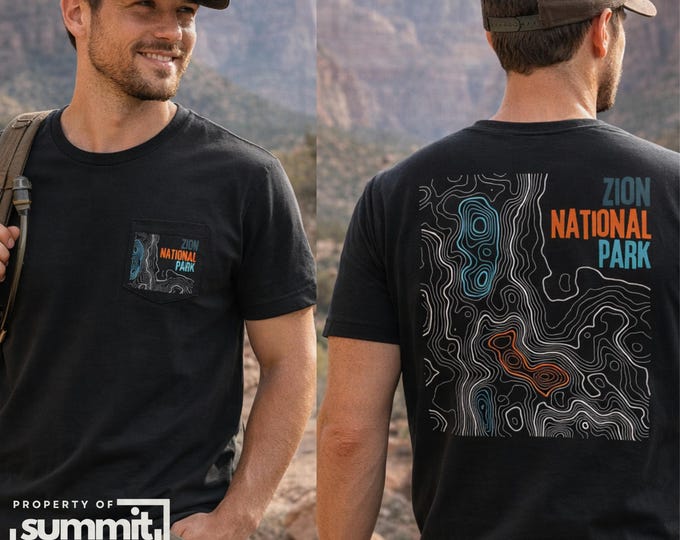 Zion National Park Topography T Shirt, Zion Utah Pocket Tee, Hiking Shirt, National Park Shirt, Outdoor Adventure Tee