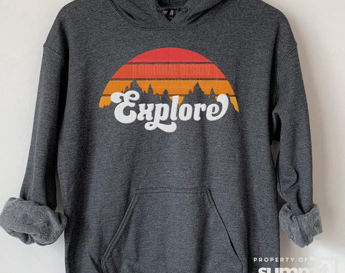 Embroidered 'Explore' Hoodie | Retro Sunset Camper Graphic