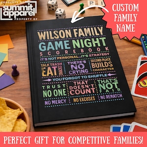 May include: A black game night scorebook featuring the text "Wilson Family Game Night Scorebook" in various colours. The book includes phrases such as "Talk Trash" and "No Crying." A perfect gift for competitive families.