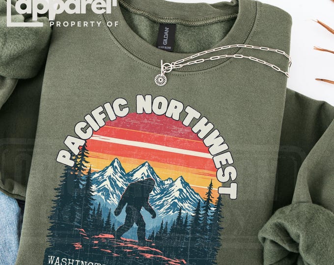 Retro Bigfoot Sweatshirt, Pacific Northwest PNW Mountains