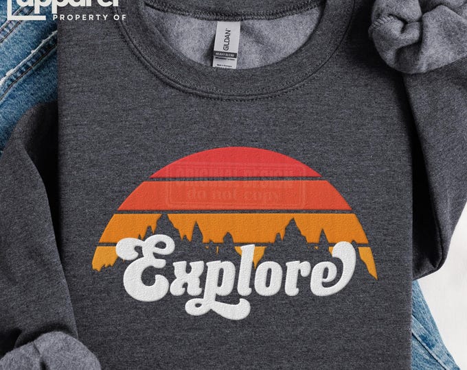 Embroidered Explore Sweatshirt, Retro Sunset Nature Graphic