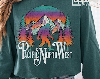 PNW Bigfoot long sleeve shirt, Comfort Colors Bigfoot Shirt, 90s vintage Bigfoot shirt, Pacific Northwest 90s tee, retro Bigfoot shirt
