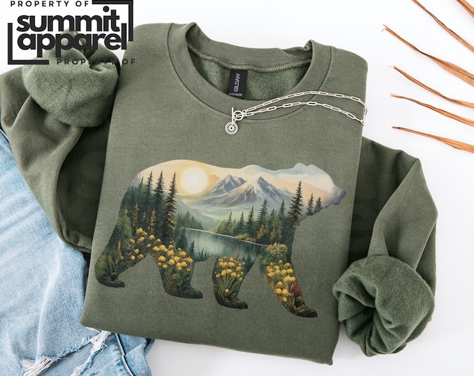 Bear Nature Scene Crewneck Sweatshirt | Forest Landscape Inside Bear Silhouette