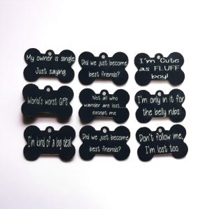 Kleine aangepaste hondenpenningen van zwart aluminium, gepersonaliseerde huisdier-ID met sarcastische gezegden, grappige hondenpenningen
