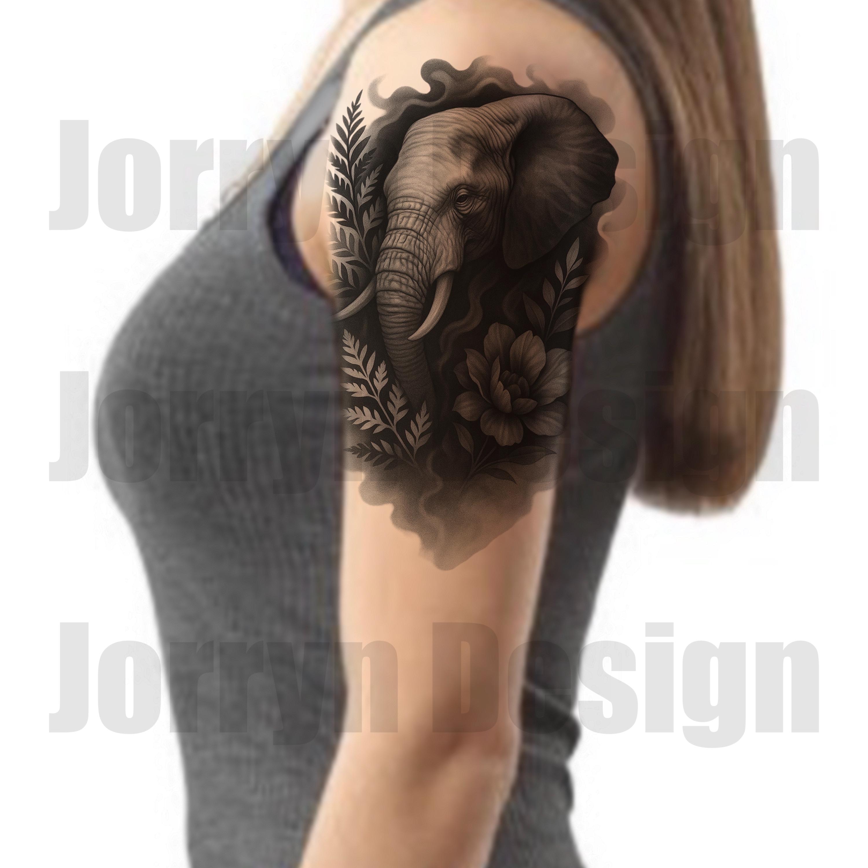 Elegant Elephant Tattoo Design With Floral and Fern Accents - Black ...