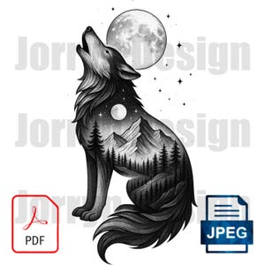 Op de afbeelding: Zwart-witte illustratie van een wolf die naar de maan huilt. Het lichaam van de wolf is gevuld met een landschap van bergen en bomen. De maan is vol en omringd door sterren.