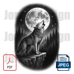 May include: A black and white illustration of a wolf howling at the moon in a forest setting. The wolf is standing on a rock with trees behind it. The moon is full and bright, and there are stars in the sky.