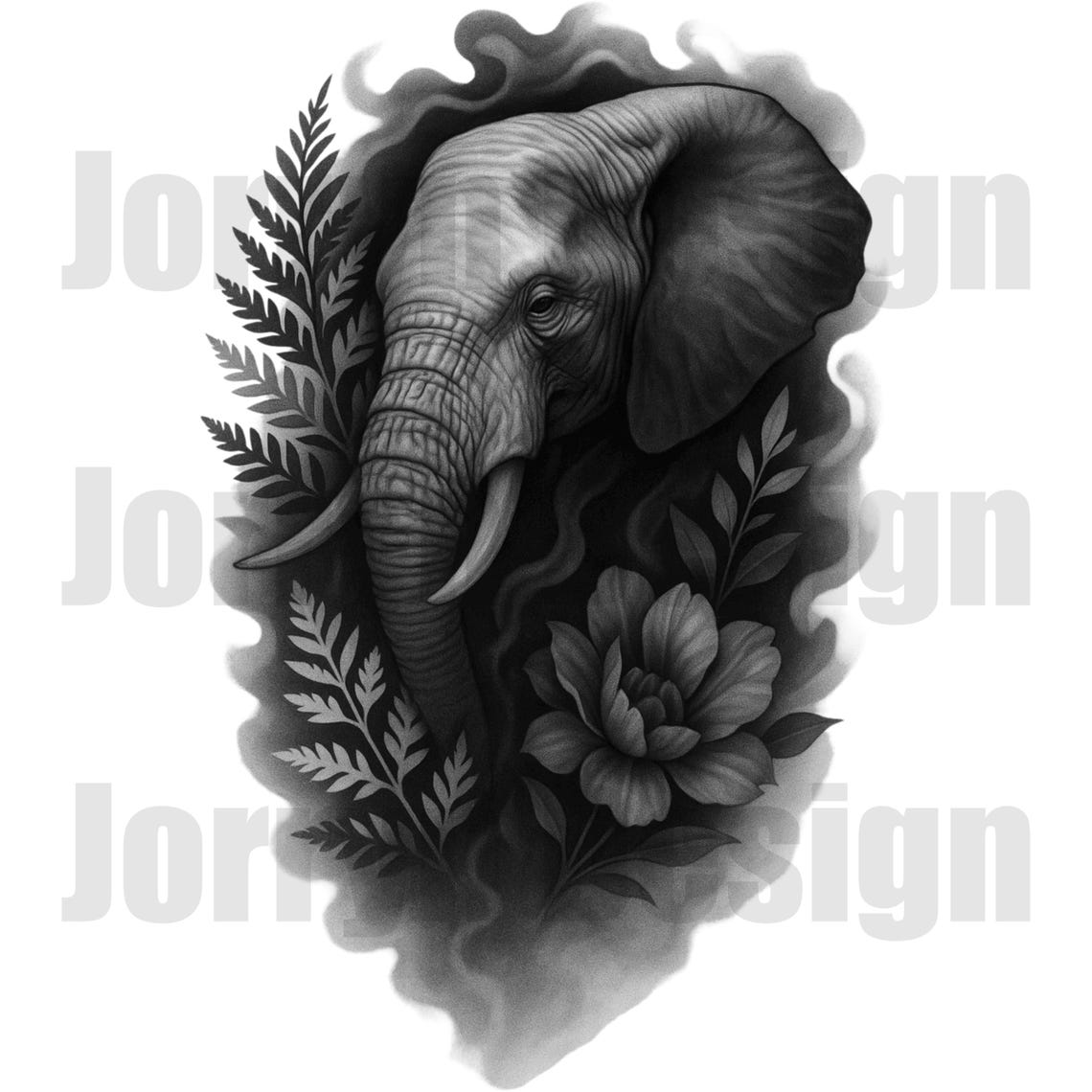 Elegant Elephant Tattoo Design With Floral and Fern Accents - Black ...