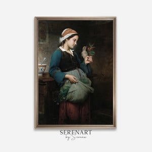 Fillette à L'oiseau ヴィンテージ油絵ウォールアート、素朴な比喩的デジタルプリント、鳥を連れた少女のプリント、クラシックな複製装飾