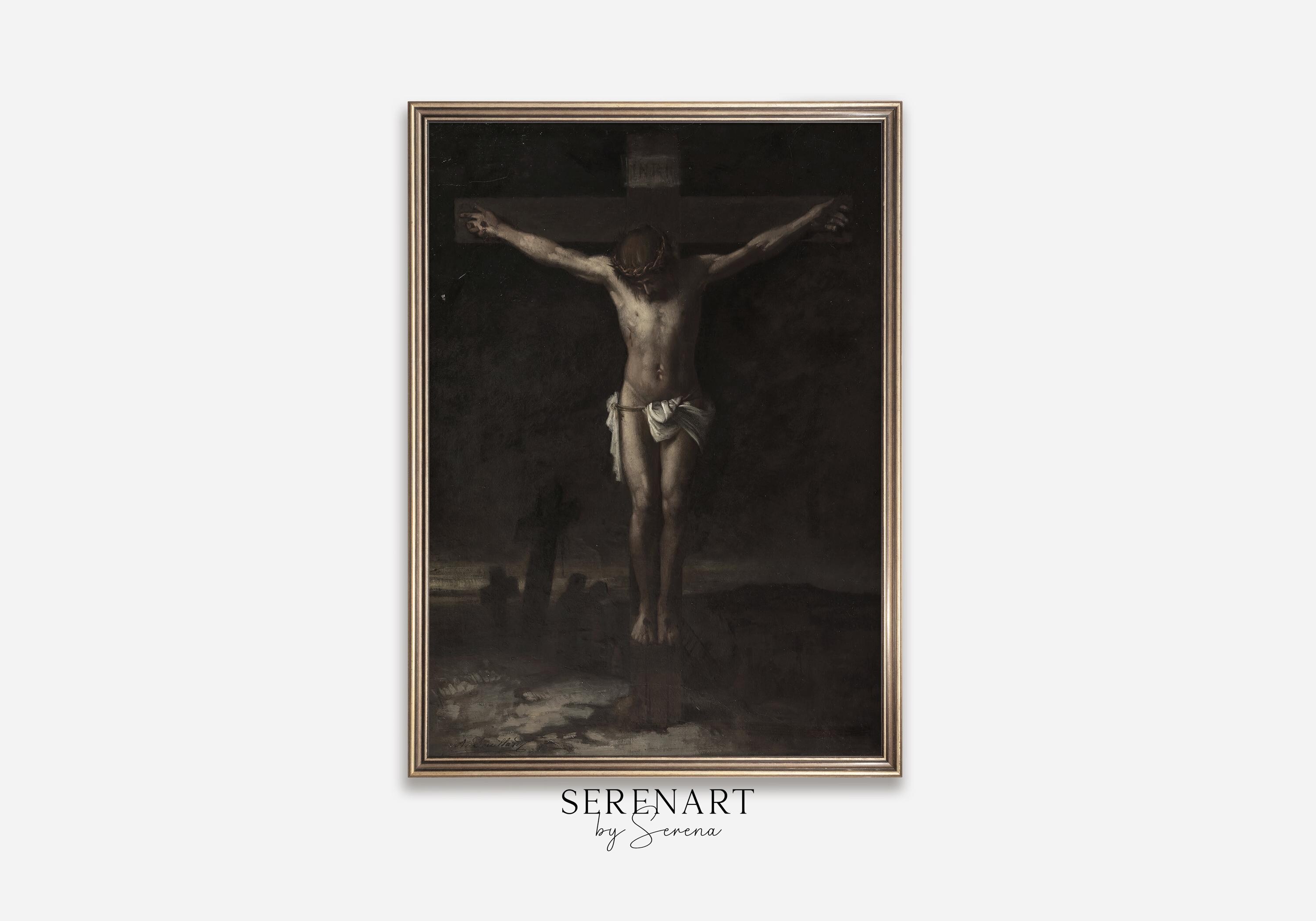 Vintage Christ on Cross Oil Painting: Rustic Christian Art