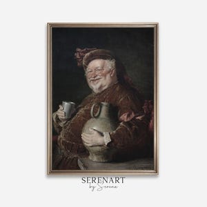 テーブルの上のファルスタッフ ヴィンテージ油絵 壁アート、素朴な比喩的デジタルプリント、飲酒の印刷物、原始的な複製壁掛け