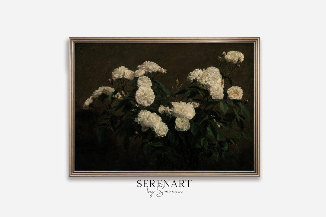 Vintage White Roses Oil Painting: Rustic Floral Still Life (digital ...