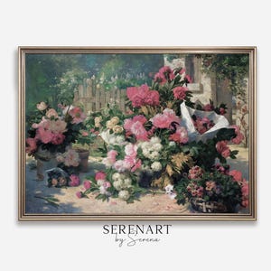 May include: A painting of a still life featuring a bouquet of pink and white peonies in a vase. The flowers are arranged in a vase and are surrounded by greenery. The painting is set against a background of a garden.