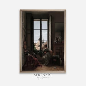 May include: A framed vintage painting depicts a woman gazing out a window at a cityscape. The artwork features a muted color palette with a gold frame. A chair, a violin, and a draped cloth are visible in the room.