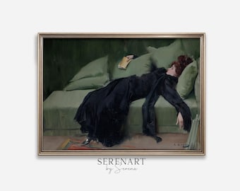 Pode incluir: Uma pintura de uma mulher com um vestido preto deitada em um sofá verde. Ela está segurando um livro em sua mão e seus olhos estão fechados. A pintura é emoldurada em ouro.