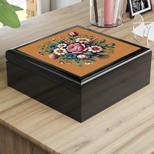 Floral Jewelry Box Vintage, Organizer Case for Rings, Earrings, Bracelets, Trinkets, Wooden Keepsake, Decorative Gift Storage Container