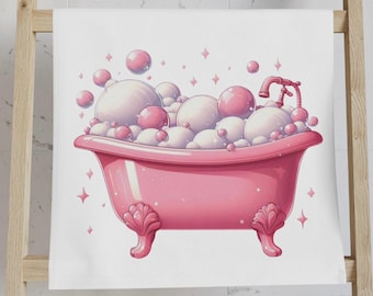 Cute Bubble Bathtub Hand Towel, Bathroom Decor, Gift for Spa Lovers, Cute Kitchen Towel, Pink Bathtub Design