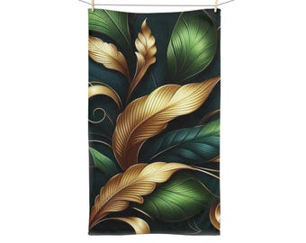 Elegant Green Gold Leaf Hand Towel, Luxurious Leaf Design for Bathroom, Spa, Kitchen, Home Decor, Gift Idea, Luxury Towel, Bathroom Decor