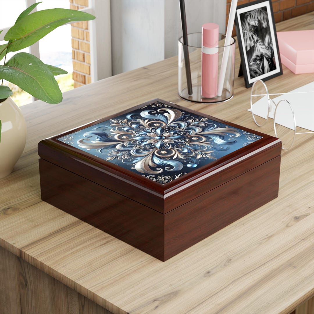 Blue - Floral Printed Handcrafted Jewelry Box (9 x 6 in)