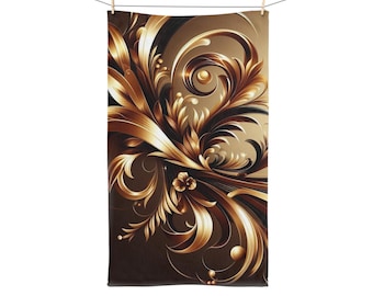 Elegant Floral Brown Gold Hand Towel, Luxury Bathroom Decor, Gift for Home, Spa Essential, Bathroom Towel, Design with Gold Swirls