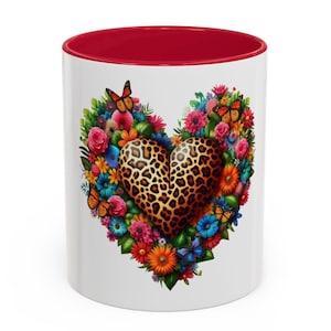 Bunte Blumen Herz-Tasse | Leopard-Druck-Kaffeetasse für Naturliebhaber | Perfektes Geschenk für Geburtstage, Jubiläen, Muttertag oder einfach nur