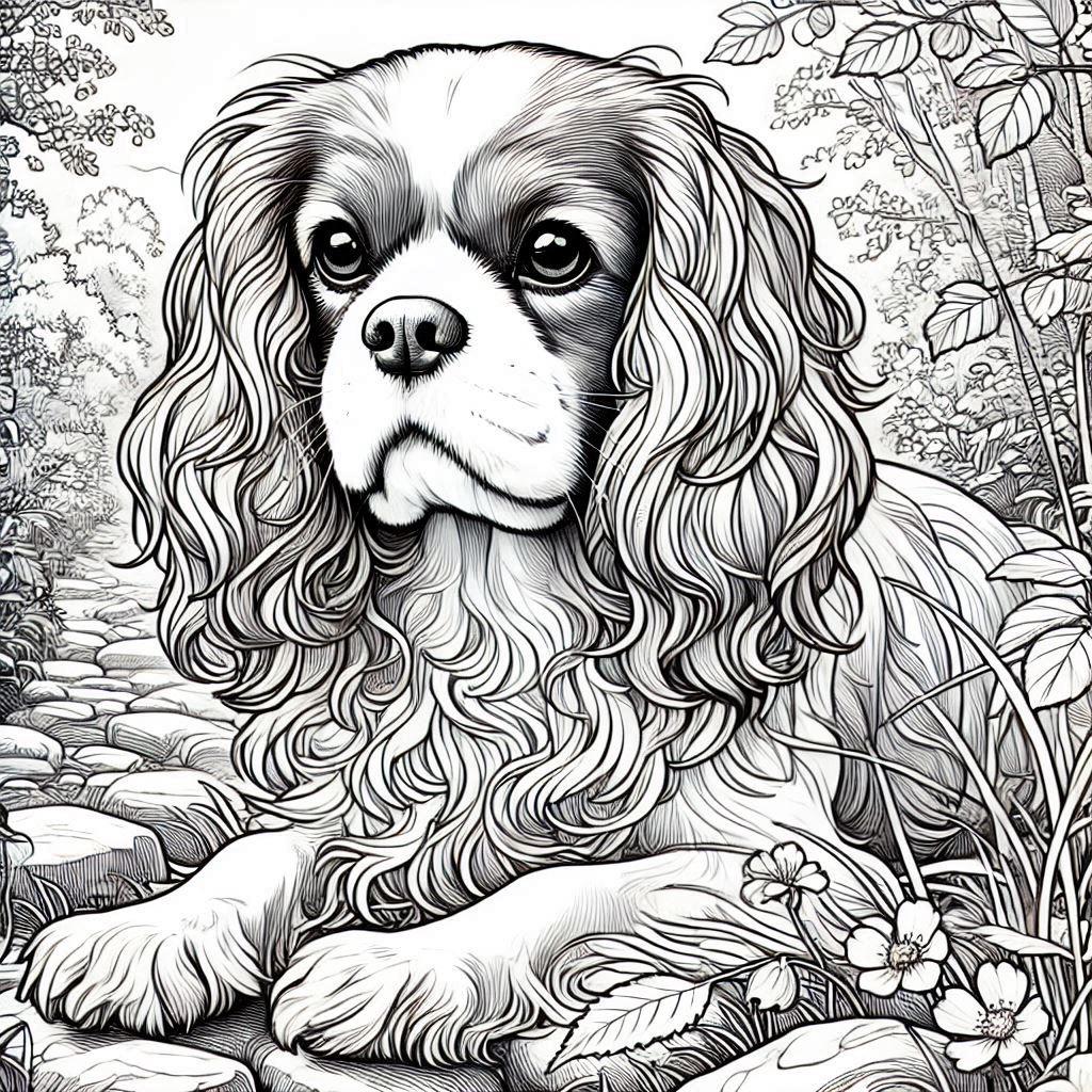 Cavalier King Charles Spaniel Coloring Pages: Garden Scenes (PDF) - Etsy
