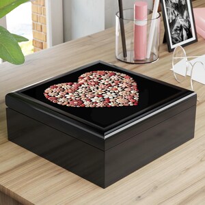Heart Floral Jewelry Box, Organizer Case for Rings, Earrings, Bracelets, Trinkets, Wooden Keepsake, Decorative Gift Storage Container