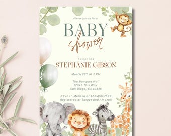 Puede incluir: Invitación a un baby shower con ilustraciones de acuarela de animales de la jungla, incluyendo un elefante, un león, una cebra y una jirafa. La invitación presenta el texto "Baby Shower" y detalles del evento, con globos y vegetación.