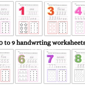 Puede incluir: Un conjunto de diez hojas de trabajo imprimibles para que los niños practiquen la escritura de los números del 0 al 9. Cada hoja de trabajo presenta un número grande, la palabra para el número y una línea para trazar el número. También hay actividades adicionales para colorear formas y rodear números.