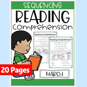 May include: Black and white printable worksheets for reading comprehension. The worksheets feature a boy reading a book, a train, a leprechaun, tadpoles, a net, a bucket, and a shovel. The worksheets are titled "Reading Comprehension" and "March".