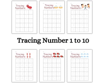 May include: A set of six printable worksheets for tracing numbers 1 to 10. Each worksheet features a different cartoon character and a grid of numbers to trace.
