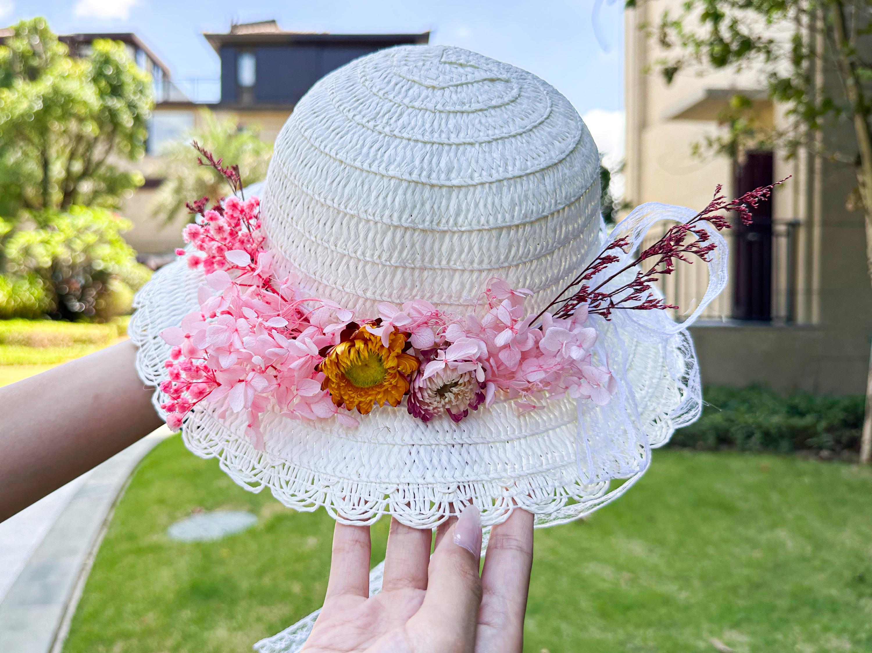 Toddler Dried Flower Straw Hat, Handmade Summer Hat,toddler Sun Hat