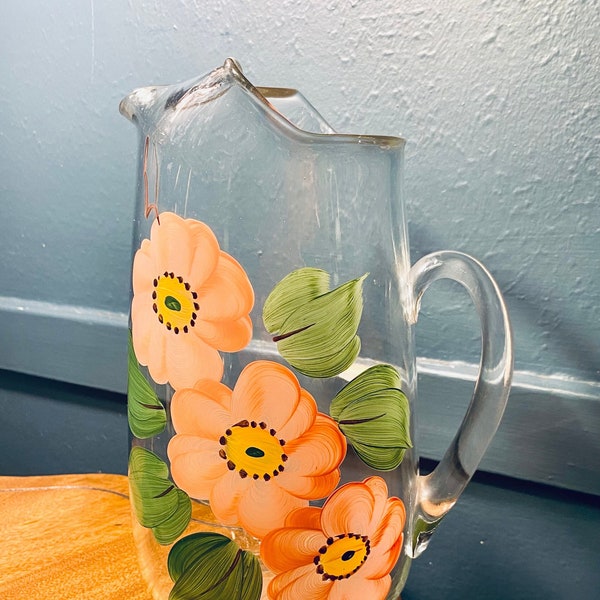 Vintage Handpainted Glass Water or Juice Pitcher with Flowers 10.5"