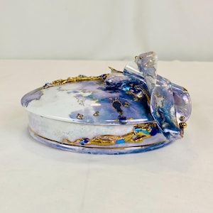 Signed Studio Pottery Lidded Box, Organic Iridescent Blue Ceramic Trinket Dish with Gold Luster, Sculptural Artisan Jewelry Box